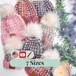 CROCHET PATTERN + VIDEO Chunky Block Stitch Crochet Hat Pattern – 7 Sizes from Baby to Adult, Easy Crochet Hat Pattern, Winter Beanie