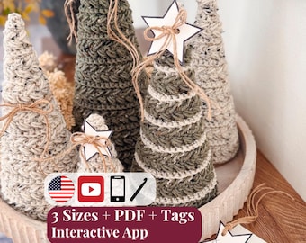 CROCHET PATTERN + VIDEO + App, Wheat Stitch™ Christmas Tree, 3 Sizes, Textured Fall Winter Decor, Tabletop Mantle Gift, Instant Download