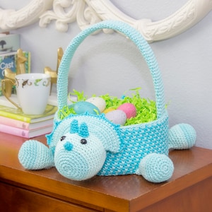 Dinosaur Easter Basket Crochet PATTERN Instant Download, Toy Storage Basket