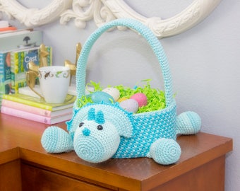 Dinosaur Easter Basket Crochet PATTERN Instant Download, Toy Storage Basket
