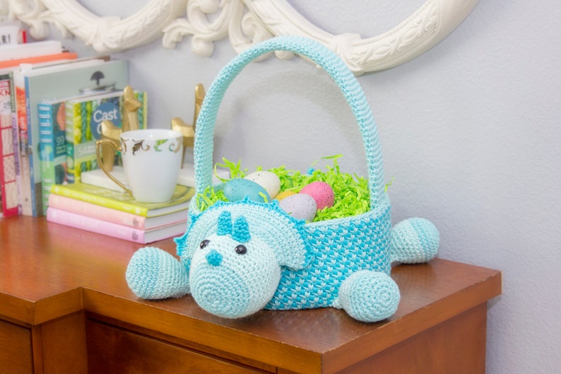 Dinosaur Easter Basket Crochet PATTERN Instant Download, Toy Storage Basket image 1