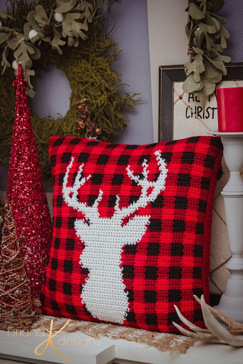 Farmhouse Plaid Deer Pillow Cover Christmas Decor, Instant Download PDF Pattern, Includes Chart, Holiday Decor Crochet Pattern image 3