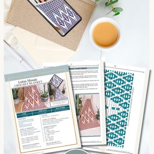 May include: A flat lay featuring a smartphone displaying a mosaic crochet blanket design, alongside printed crochet patterns and a cup of tea. The patterns include the text "Lotus Mosaic Crochet Blanket" and "PDF file".