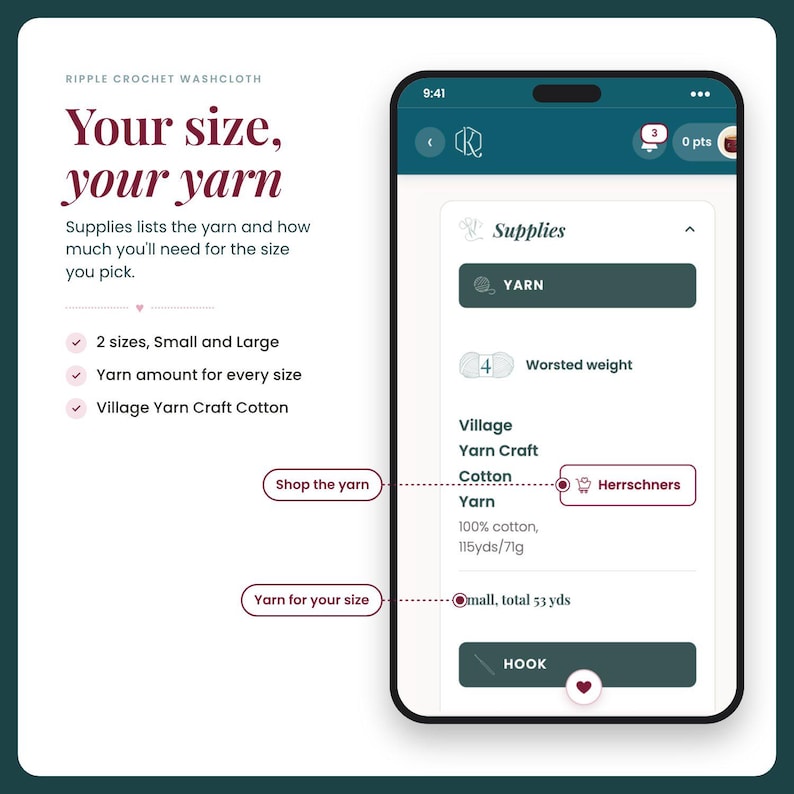 May include: A digital interface displays a Ripple Crochet Washcloth pattern guide. Text includes Your size, your yarn, Supplies, Village Yarn Craft Cotton, 100% cotton, 115yds/71g, and Small, total 53 yds. A mobile phone screen shows yarn details and shopping links.