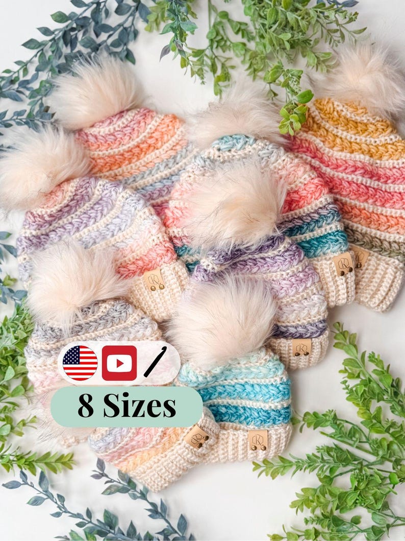 CROCHET PATTERN + VIDEO Wheat Stitch™ Crochet Beanie Pattern | Puff Stitch Hat Pdf Easy Crochet Hat Tutorial in 8 Sizes + Gift Tag Printable image 1
