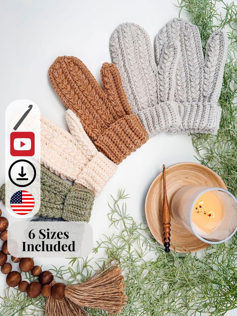 CROCHET PATTERN + VIDEO + App, Winter Wheat Stitch™ Mittens, 6 Sizes Baby to Adult, Flat One Piece Gloves, Cozy Unisex, Instant Download 画像 13
