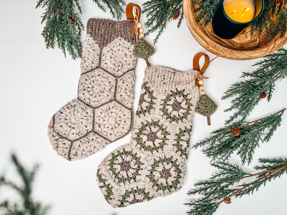 CROCHET PATTERN + VIDEO Festive Granny Hexagon Stocking. Written Instructions and Video Tutorial - Christmas Crochet Stocking. Granny Motif