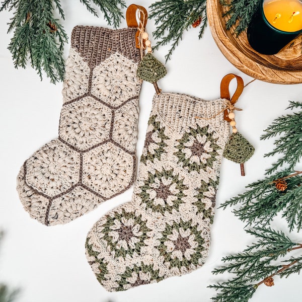CROCHET PATTERN + VIDEO Festive Granny Hexagon Stocking. Written Instructions and Video Tutorial - Christmas Crochet Stocking. Granny Motif