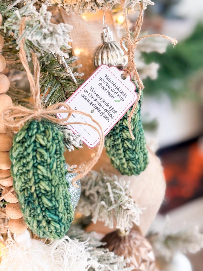 May include: Two green crocheted pickle ornaments hanging from twine strings. A white rectangular tag with red scalloped edges is attached, reading: Hide this pickle in your tree and let the chaos begin! Whoever finds it first on Christmas morning gets a sprinkle of luck.