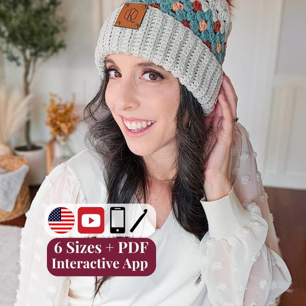 CROCHET PATTERN + VIDEO + App, Gemstone Hues Granny Stitch Beanie, 6 Sizes Baby Toddler to Adult, Diamond Cozy Winter Hat, Instant Download