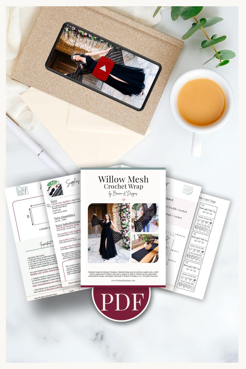 May include: A digital PDF pattern for a Willow Mesh Crochet Wrap by Briana K Designs. The document includes written instructions, yarn requirements, and photographs of a black crochet wrap worn by a person and displayed on a table.