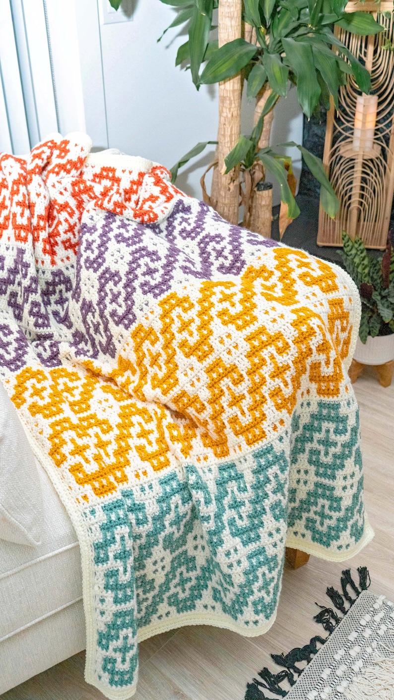 Waves Mosaic Crochet Blanket Pattern Video Tutorial. Learn how to mosaic crochet. Crochet Home Décor Instant Download PDF Crochet Pattern image 2