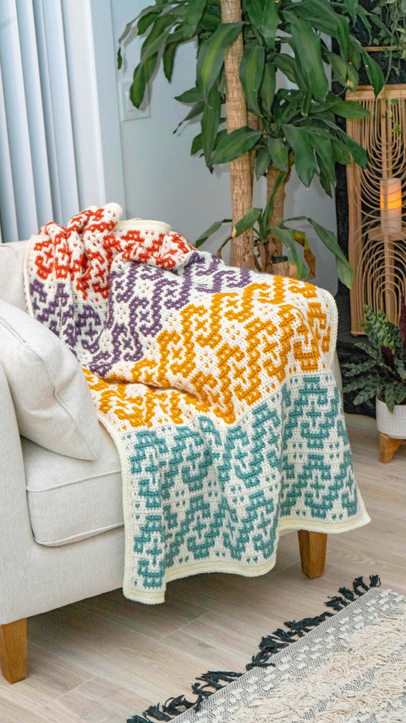 Waves Mosaic Crochet Blanket Pattern Video Tutorial. Learn how to mosaic crochet. Crochet Home Décor Instant Download PDF Crochet Pattern image 5