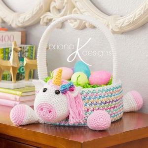 Unicorn Easter Basket Crochet PATTERN Instant Download, Toy Storage Basket image 1