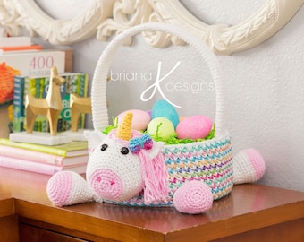 Unicorn Easter Basket Crochet PATTERN Instant Download, Toy Storage Basket