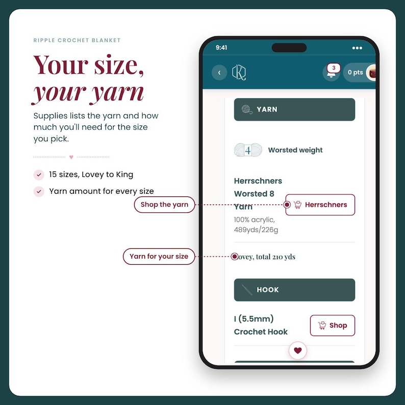 May include: A smartphone screen displays a digital interface for a Ripple Crochet Blanket pattern. The text reads Your size, your yarn, 15 sizes, Lovey to King, and details for Herrschners Worsted 8 yarn, 100% acrylic, 489yds/226g, and a 5.5mm crochet hook.