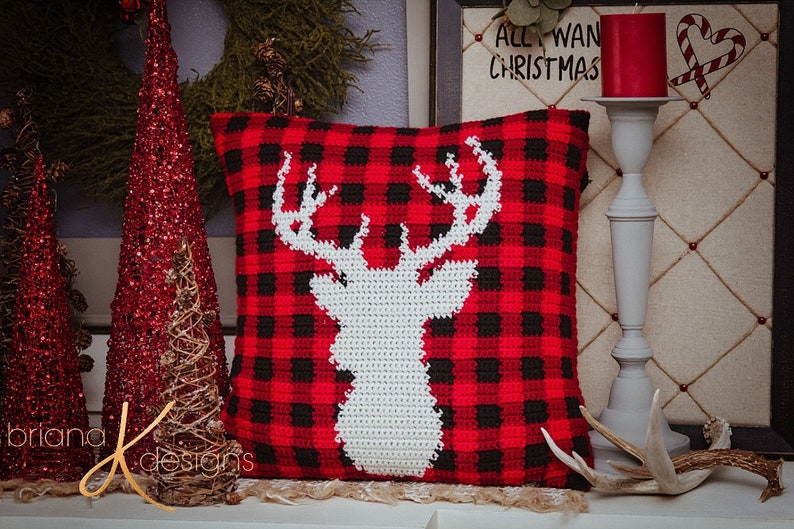 Farmhouse Plaid Deer Pillow Cover Christmas Decor, Instant Download PDF Pattern, Includes Chart, Holiday Decor Crochet Pattern image 2