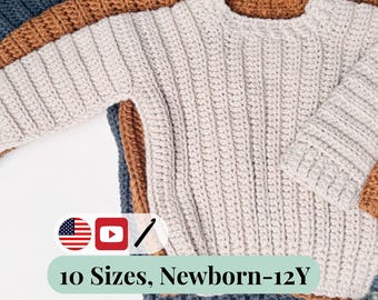 CROCHET PATTERN + VIDEO Easy Cuff-to-Cuff Child Sweater, Sizes Newborn to 12 Years. Easy crochet stitches and only two seams!