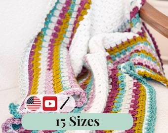 CROCHET PATTERN + VIDEO Easy Block Stitch Crochet Blanket Pattern – 15 Sizes + Video Tutorial – Self-Striping Yarn
