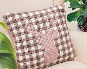 Farmhouse Plaid Deer Pillow Cover Christmas Decor, Instant Download PDF Pattern, Includes Chart, Holiday Decor Crochet Pattern