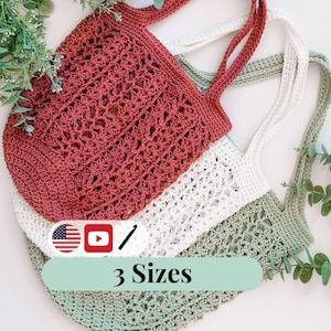 May include: Three handmade crochet tote bags in shades of red, white, and green. The bags have openwork designs and long handles. The image includes the text "3 Sizes" and a small graphic with the American flag.