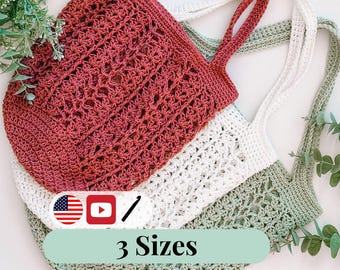 CROCHET PATTERN + VIDEO Willow Mesh Crochet Market Bag Pattern, Easy Reusable Tote, Beginner Crochet Bag, Lightweight Grocery Bag, 3 Sizes