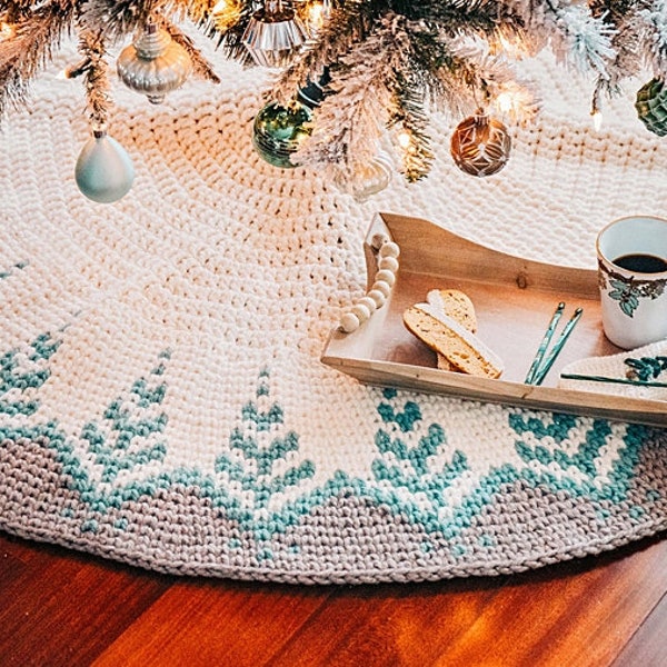 CROCHET PATTERN + VIDEO Pine Crochet Christmas Tree Skirt, Home Decor, Holiday Crochet Decor Pattern, Christmas Home Decor