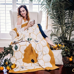 Buzzing Beehive Crochet Blanket Instant Download PDF Pattern, Home Decor, Hexagon Quilt Style Crochet image 1