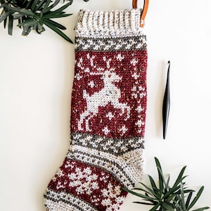 CROCHET PATTERN + VIDEO Prancing Deer Crochet Stocking Pattern Plus Charts. Christmas Stocking Holiday Crochet Decor