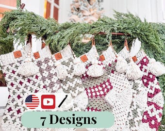 CROCHET PATTERN + VIDEO Granny All The Way Crochet Stocking Collection Christmas Granny Stocking Stocking Set Modern Farmhouse Holiday Decor