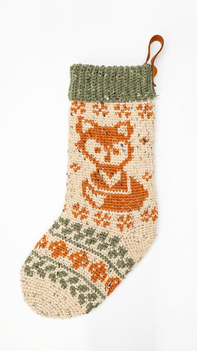 Woodland Fox Crochet Stocking Pattern, Downloadable PDF with Charts and Video Instruction on Making a Colorwork Stocking. Rustic Stocking image 4