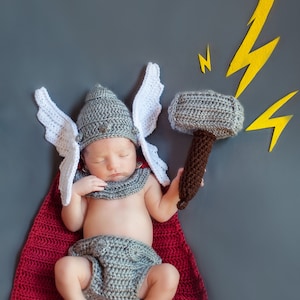 CROCHET PATTERN + VIDEO Thor Crochet Newborn Pattern, Norse God of Thunder. Easy to follow newborn baby crochet pattern. Photography Prop.