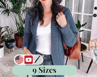 CROCHET PATTERN + VIDEO Easy Flat Crochet Cardigan Pattern with a Ribbed Crochet Style, Size-Inclusive from xs-5X, Autumn Wheat Cardigan.