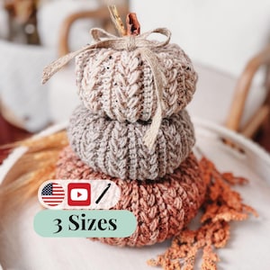 CROCHET PATTERN + VIDEO Pumpkin Spice Wheat Stitch™ Crochet Pumpkin Trio Pattern - Diy Fall Decor, Easy Stackable Pumpkins, Crocheted Flat.