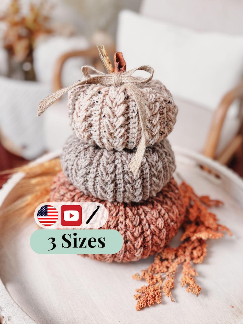 CROCHET PATTERN + VIDEO Pumpkin Spice Wheat Stitch™ Crochet Pumpkin Trio Pattern - Diy Fall Decor, Easy Stackable Pumpkins, Crocheted Flat. imagen 1