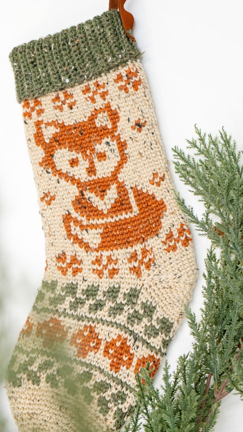 Woodland Fox Crochet Stocking Pattern, Downloadable PDF with Charts and Video Instruction on Making a Colorwork Stocking. Rustic Stocking image 5