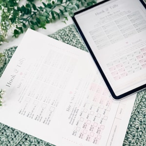 May include: A crochet pattern and a tablet displaying a crochet chart are on a green crocheted blanket. The pattern is titled "Hook & Tally" and includes size and round details. The tablet shows a similar chart. Green foliage is in the background.