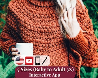 CROCHET PATTERN + VIDEO + App, Macchiato Poncho, Baby Toddler Child to Adult Plus Size, Cozy Womens Fall Winter Wrap, Instant Download