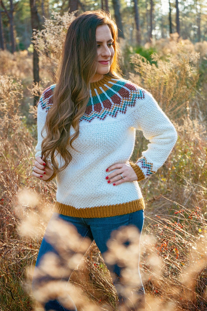 CROCHET PATTERN + VIDEO Traveler Fair Isle Crochet Sweater, xs to 5x sizes, Pullover Crochet Colorwork Pattern, Video Tutorial Incl. image 4