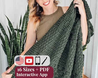 CROCHET PATTERN + VIDEO + App, Totally Textured Blanket, 16 Sizes, Cozy Afghan Throw, Beginner Friendly, Instant Download