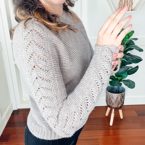 Lovely Lace Crochet Sweater, Downloadable PDF, Learn to Make a Lace Sleeve Sweater with a Video Tutorial, Crochet Sweater, 9 sizes included.