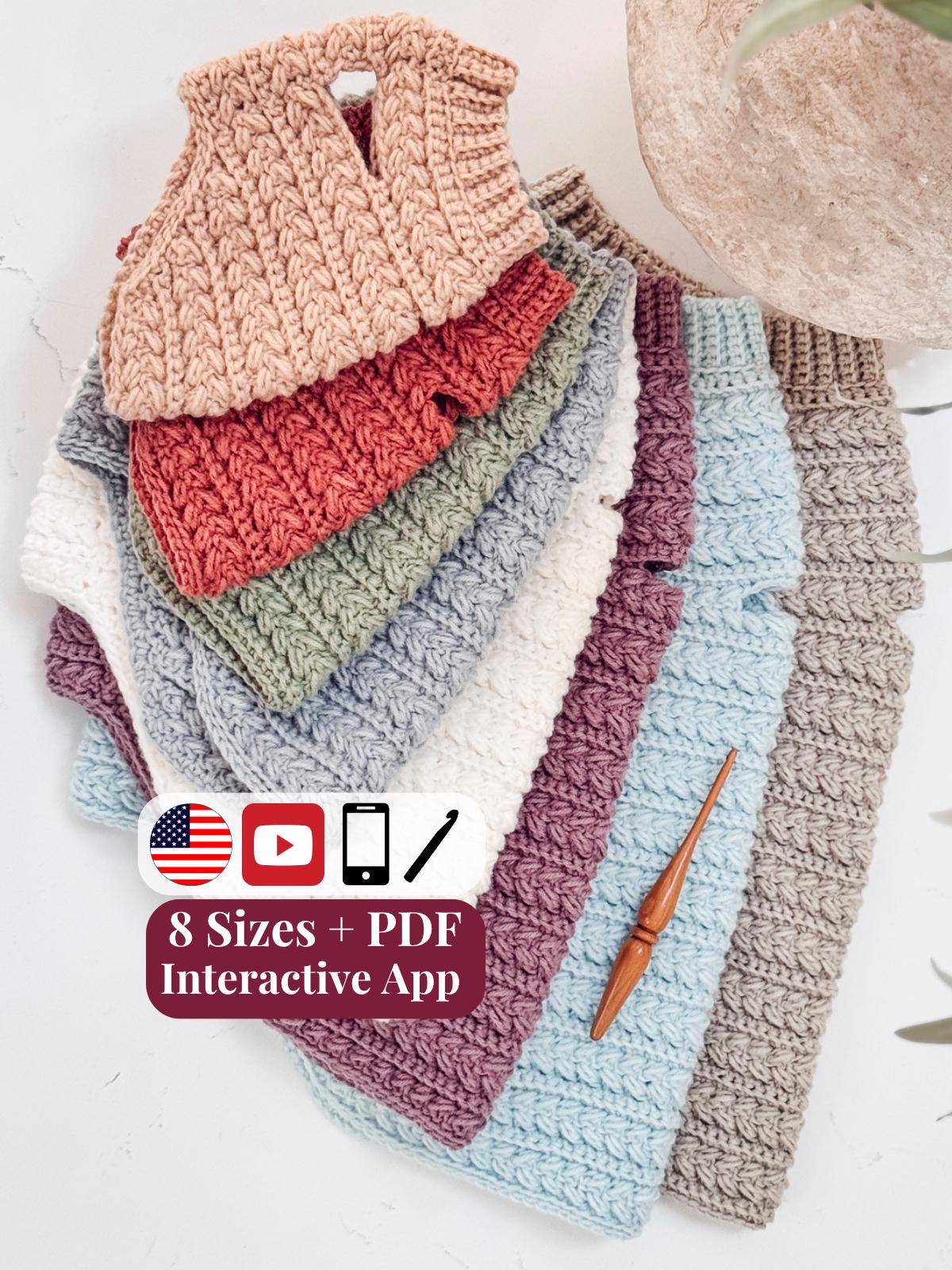 CROCHET PATTERN + VIDEO + App, Wheat Stitch™ Dog Sweater, 8 Sizes, Easy Top Down One Piece Pet Pullover, Puppy Coat, Instant Download