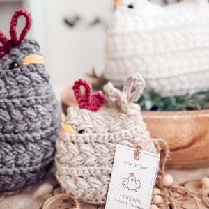 Small oatmeal crochet chicken with a handmade emotional support chicken tag beside gray and white hens