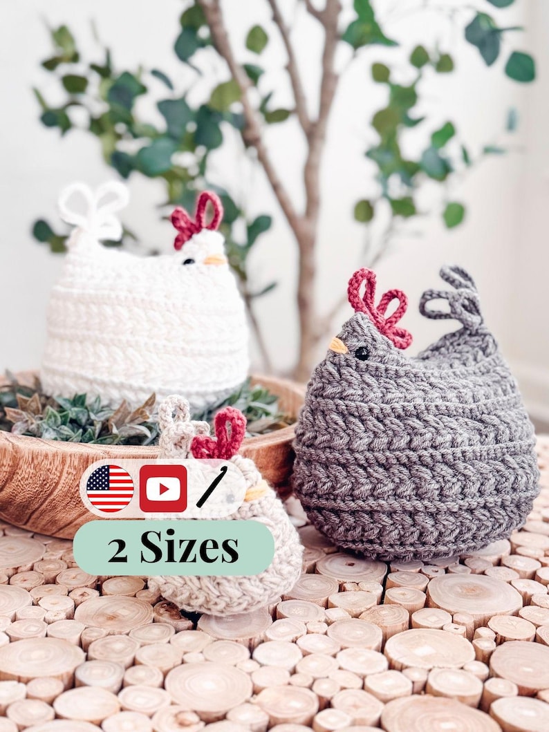 Three crochet chickens in white, oatmeal, and gray sitting on wood slices, with text noting two sizes and a video