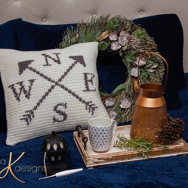 Compass Pillow Cover Interior Decor, Instant Download PDF Pattern, Includes Chart, Decor Crochet Pattern