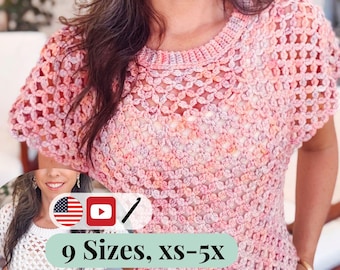 CROCHET PATTERN + VIDEO Circle Leaf Crochet Top Pattern Summer Lace Crochet Shirt – Seamless Top Down Pattern – Size Inclusive xs–5X