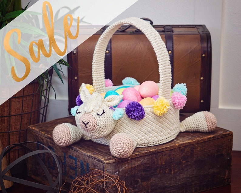 A llama crochet easter basket with a handle in bright colors.