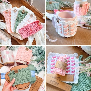 May include: A collection of crochet mug cosies and hot pads in shades of pink, white, and sage green. The mug cosies feature a textured cable knit pattern, scalloped edges, and a small wooden button. Some items include a brown paper label.