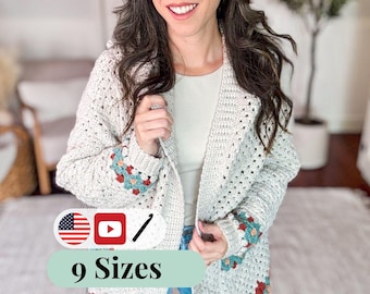CROCHET PATTERN + VIDEO Gemstone Granny Stitch Crochet Cardigan Pattern with Hood and Pockets Size-Inclusive xs-5x, Video & Colorwork Charts