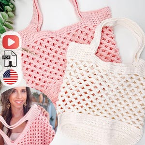 May include: Two handmade crochet tote bags. One is light pink, the other is off-white. Both bags have a mesh-like pattern and sturdy handles. The bags are displayed on a white surface with greenery.